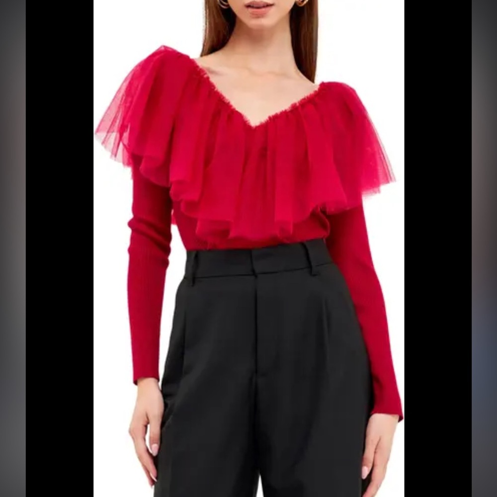 Endless Rose Pleated Ribbed Statement Ruffle Mesh MixedMedia Top In Cherry NWT S